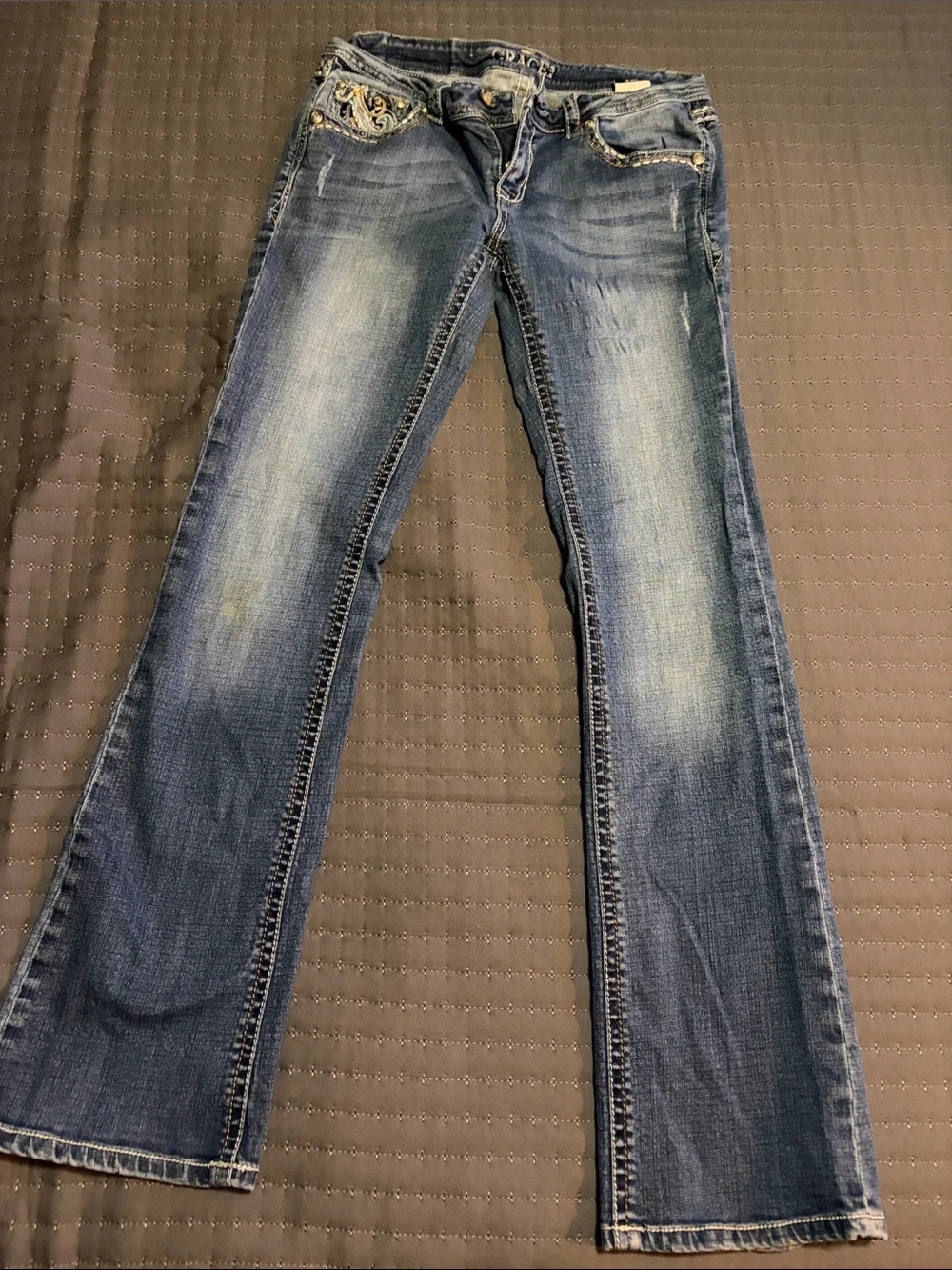 Grace in LA Distressed Medium Blue Flare Jeans